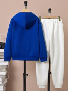SHEIN Tween Boy Slogan Graphic Thermal Lined Hoodie & Sweatpants - Blue and White - View 2