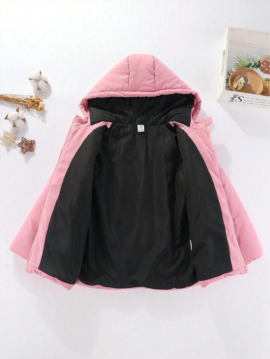 SHEIN Young Girl Drawstring Waist Hooded Padded Coat - Pink - View 1