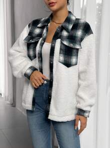 SHEIN Unity Plaid Print Drop Shoulder Flap Pocket Teddy Coat - Multicolor - View 6