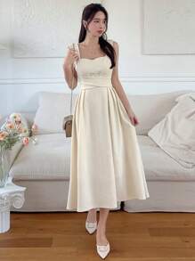 DAZY 纯色抽绳侧吊带连衣裙太阳裙，休闲女装 - 米色 - 查看 3