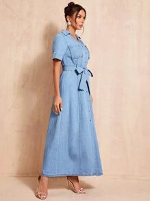 SHEIN BAE 前紐扣腰帶牛仔洋裝 - 淺色水洗藍 - 查看 6