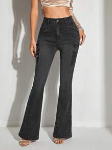 SHEIN BAE 高腰牛仔喇叭褲 - 黑色 - 查看 1