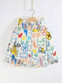 SHEIN 少女塗鴉印花拉鍊連帽外套 秋季 - 白色 - 查看 1