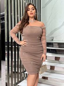 SHEIN Privé Talla grande Vestido ajustado de hombros descubiertos fruncido brillante