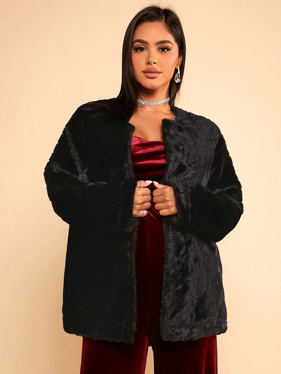 SHEIN Maternity Open Front Fuzzy Coat, For Winter - Black - View 1