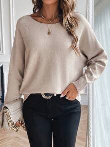 SHEIN LUNE Solid Batwing Sleeve Sweater - Apricot - View 3