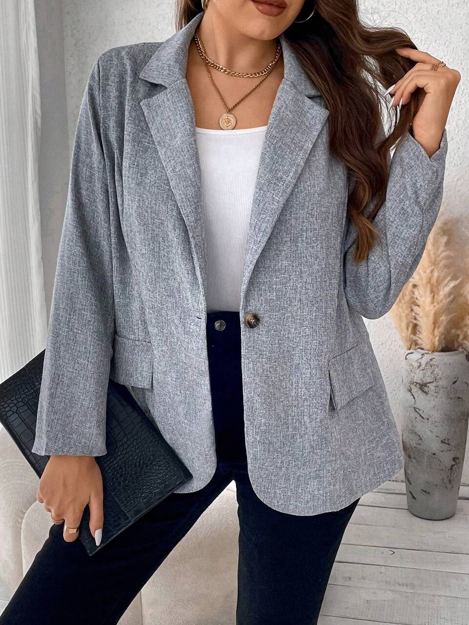 Plus Lapel Neck Single Button Blazer Graduation,Back To School,Teacher Outfits For Women
