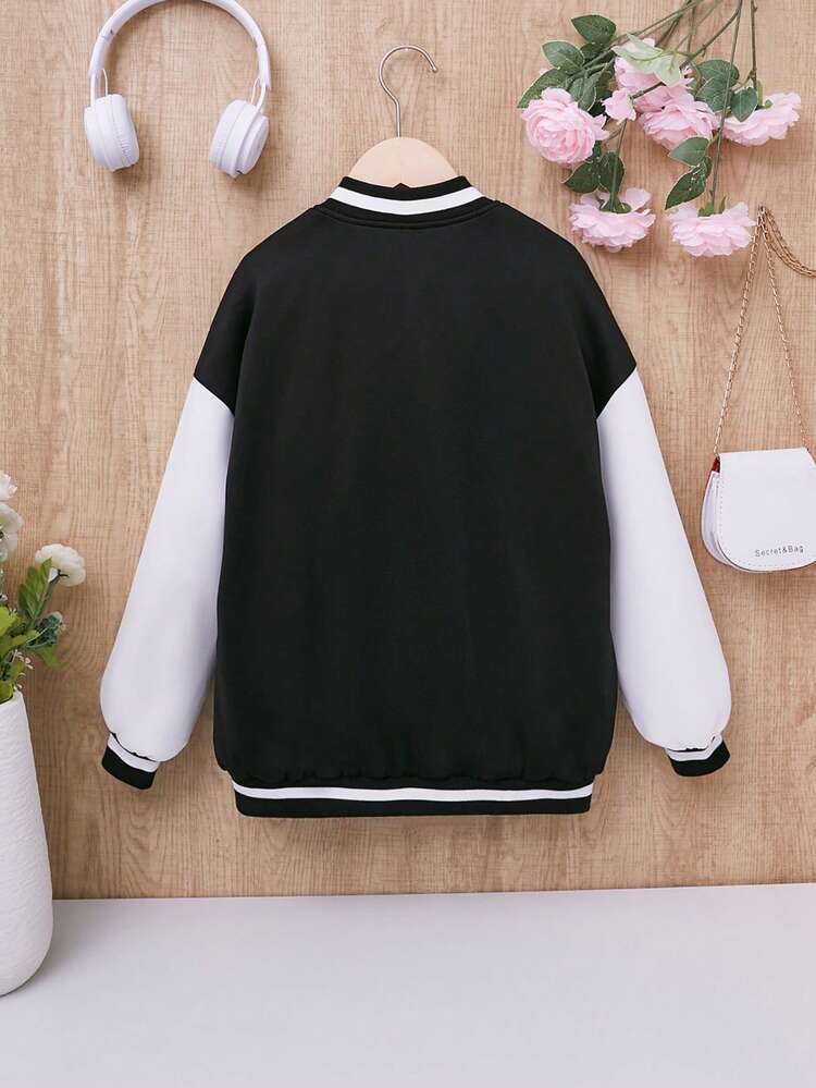 Tween Girl Letter & Figure Graphic Striped Trim Drop Shoulder Varsity Jacket