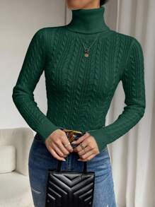 Chiquease Turtleneck Cable Knit Turtleneck Sweater - Dark Green - View 6