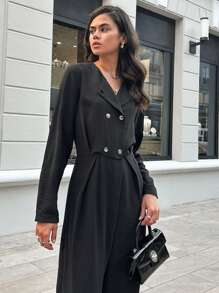 SHEIN Cottnline Double Breasted Wide Leg Jumpsuit - Black - View 4