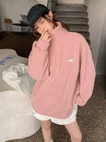 DAZY Letter Patched Detail Drop Shoulder Quarter Zip Sweatshirt,Fall Women Clothes - Coral Pink - View 3