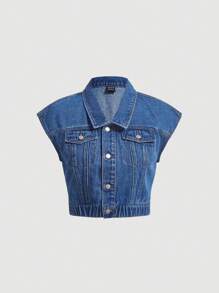 SHEIN MOD Flap Detail Button Front Denim Top - Medium Wash - View 1