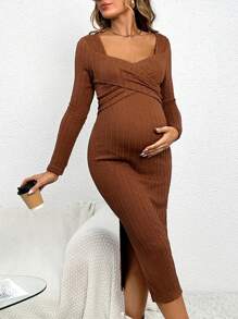 SHEIN Maternity Sweetheart Neck Split Thigh Bodycon Dress - Brown - View 3