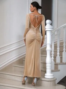 SHEIN Unity 後背繫帶前收褶洋裝 - 香檳色 - 查看 5