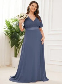 EVERPRETTY Plus Ruched Bust Butterfly Sleeve Chiffon Bridesmaid Dress - Dusty Blue - View 3
