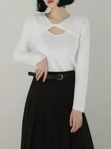 DAZY Unifarben Twist-Ausschnitt Ausschnitt Puffärmel Pullover Herbst - Weiss - Übersicht 3