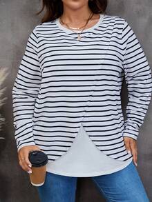 SHEIN LUNE 大碼條紋印花不對稱下擺T恤 - 黑與白 - 查看 2