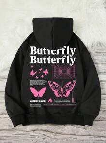 Tween Girl Butterfly & Slogan Graphic Drawstring Sweatshirt - Black - View 1