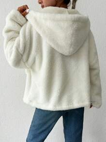 EURMUSE Dual Pocket Drop Shoulder Hooded Teddy Jacket - Beige - View 2