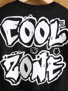 SHEIN 男孩字母圖案落肩袖運動衫 - 黑色 - 查看 4