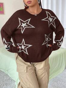 Flirla Talla grande Jersey con patrón de estrella de hombros caídos - Café integral - Ver 6