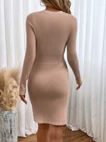 SHEIN Clasi Button Front Ribbed Knit Sweater Dress - Camel - View 2