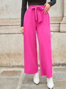 SHEIN Privé Pantalones de pierna ancha con encaje en contraste con cinturón - Rosa Fucsia - Ver 3