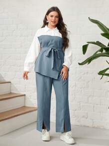 Mulvari 大碼雙色腰帶襯衫&下擺開叉長褲 - 藍白色 - 查看 5