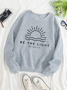 SHEIN Essnce Sun & Slogan Graphic Thermal Lined Sweatshirt - Grey - View 1