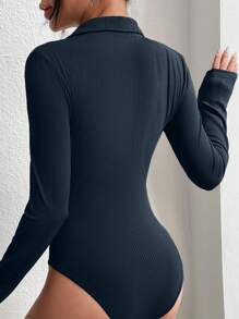 SHEIN EZwear Half Zipper Rib-knit Bodysuit - Navy Blue - View 2