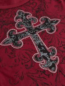 ROMWE Goth Camiseta crop con estampado de dibujo - Burdeos - Ver 3