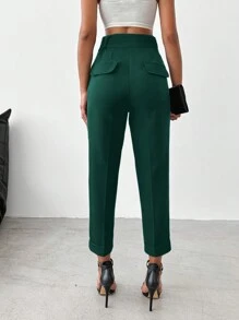 SHEIN Cottnline بنطلون بدلة خصر عالي جيب مائل - أخضر داكن - مشاهدة 2