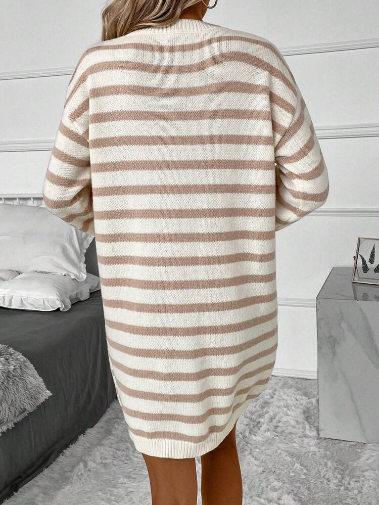 Striped Pattern Drop Shoulder Sweater Dress Fall Winter Cloth For Women