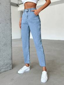 EURMUSE 女士纯棉休闲高腰妈妈款牛仔裤