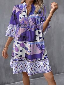 SHEIN VCAY 幾何印花荷葉袖荷葉邊娃娃裙 - 紫色 - 查看 6