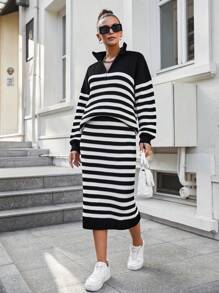 RueChic 條紋圖案落肩袖毛衣和針織裙