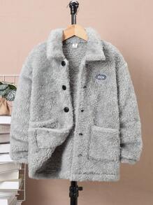 SHEIN 男大童字母補丁細節雙口袋落肩袖絨毛外套 - 灰色 - 查看 7