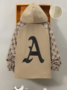 SHEIN 男大童字母圖案插肩袖翻蓋口袋毛絨內襯連帽外套 - 卡其色 - 查看 2