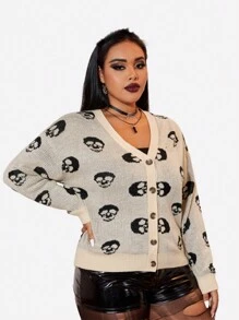 SHEIN EZwear 加骷髏圖案落肩開衫 - 杏色 - 查看 4