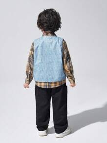 SHEIN Young Boy Plaid Print Shirt & Button Front Vest & Pants - Brown - View 2