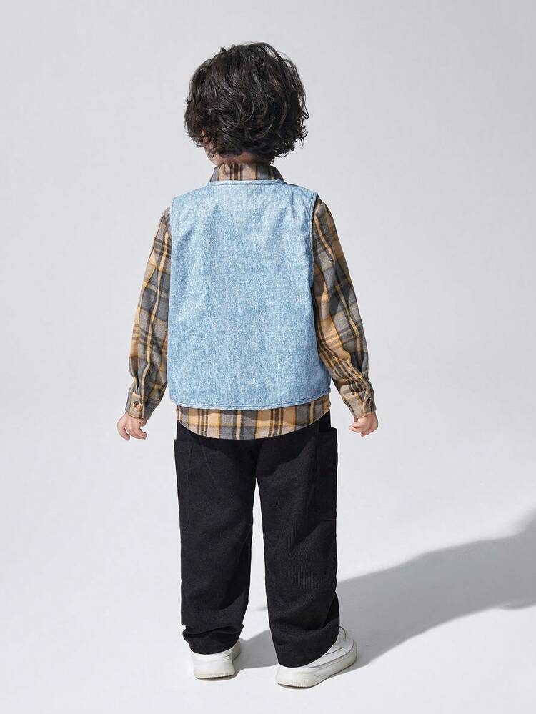 Young Boy Plaid Print Shirt & Button Front Vest & Pants