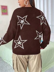 Flirla Talla grande Jersey con patrón de estrella de hombros caídos - Café integral - Ver 2