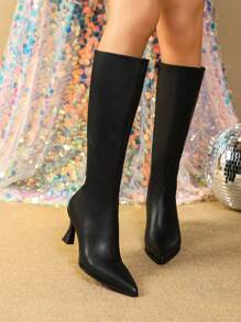 Style With Black Dress,Women's Black Boots Fashion Boots Autumn And Winter Leather Sexy Boots Sweater Boots Match Skirt,Knee High Boots,High Heels - Black - View 6