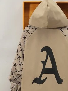 SHEIN 男大童字母圖案插肩袖翻蓋口袋毛絨內襯連帽外套 - 卡其色 - 查看 5