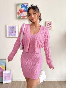 SHEIN Qutie Cable Knit Cardigan & Cami Sweater Dress - Dusty Pink - View 3