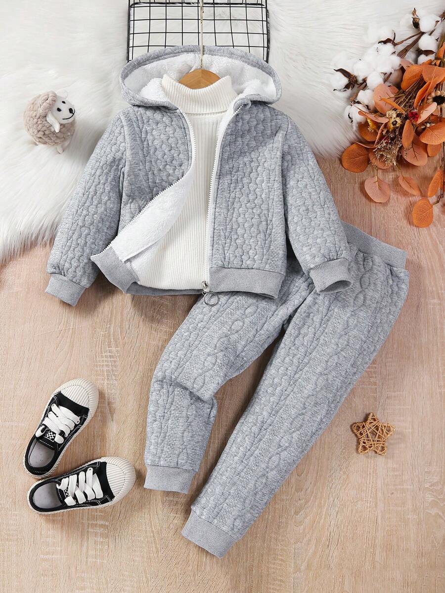 SHEIN Młoda dziewczyna Podszyte pluszem Z Kapturem Kurtki i spodnie dresowe Bez swetra