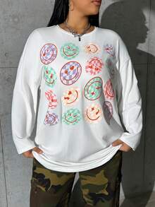 SHEIN EZwear Plus Cartoon Graphic Drop Shoulder Tee - White - View 3