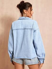 SHEIN BAE 落肩袖口袋貼布牛仔夾克 - 淺色水洗藍 - 查看 2