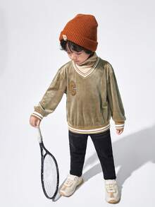SHEIN Con trai Thêu Chữ Sọc trang trí Thả vai 2 trong1 Áo nỉ - Màu Khaki - Xem 3