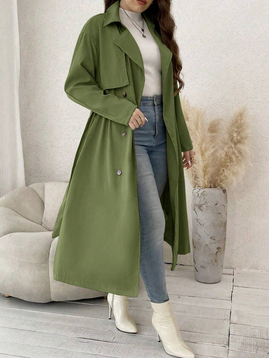 Calvaya Plus Lapel Neck Double Breasted Belted Trench Coat - Army Green - View 1